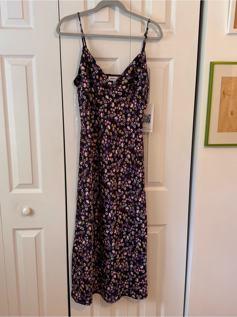 Dry Goods Black Floral Midi Slip Dress with Purple and Yellow Blooms